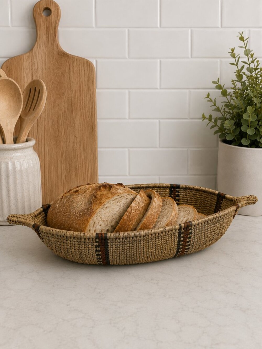 Vintage Ethiopian Handwoven Seagrass Canoe Bread Basket Boho Woven Tray